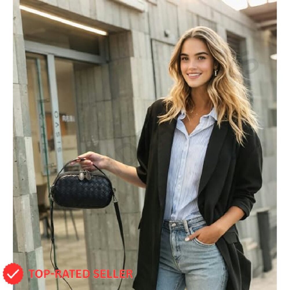 Woven Crossbody Bag Soft Leather-Feel Camera Purse Top Handle Adjustable Strap - Picture 6 of 8